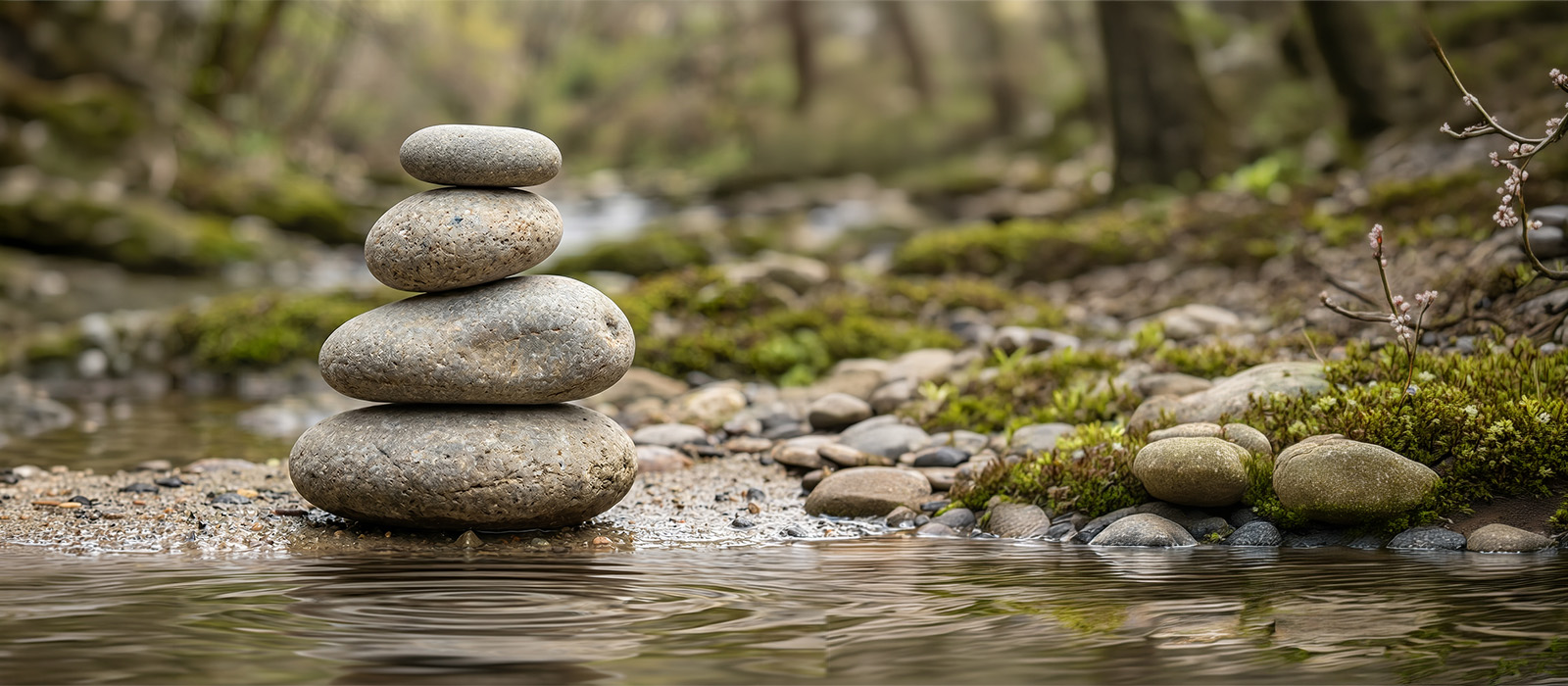 A cairn of balanced river stones beside calm water